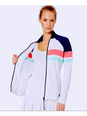 Fila White Zip-Front Bomber Jacket with Navy, Coral & Mint Stripes